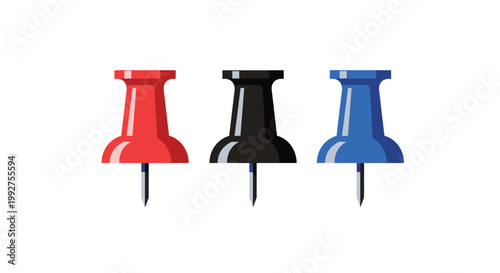 Three colorful push pins red black and blue isolated on white