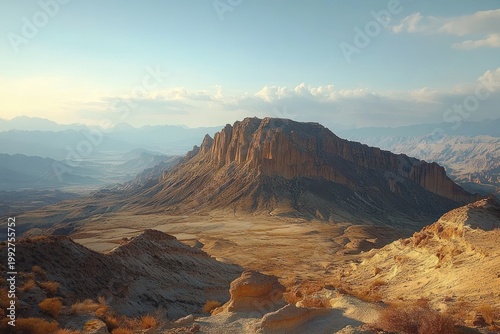 Sunlit sandstone mesa rising above a vast arid valley with rugged rocky ridges, sparse desert shrubs and distant mountain horizons in serene golden late afternoon light