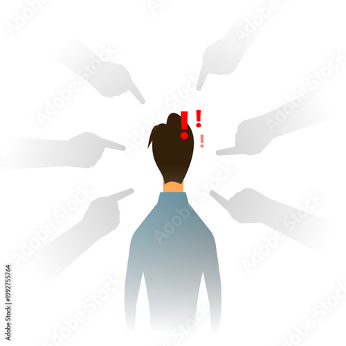 conceptual vector illustration of man surrounded by multiple hands pointing at himself. self blame, harsh criticism, guilt, inner pressure.  overthinking, low esteem, anxiety, emotional stress
