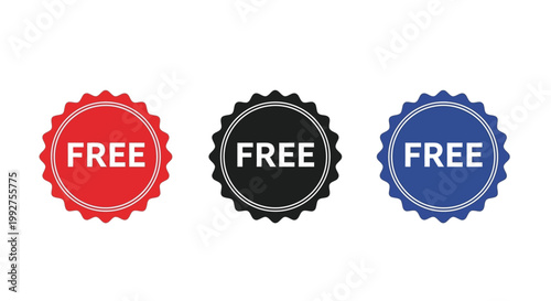 Three circular free offer badges in red black and blue colors
