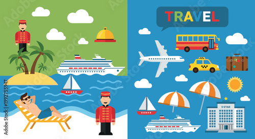 Flat Travel and Hotel Icon Set with Cruise Ship Beach Umbrella for Tourism