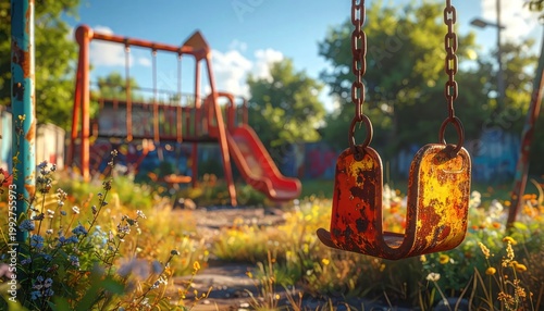 Abandoned Playground with Rusty Swings and Overgrown Vegetation.