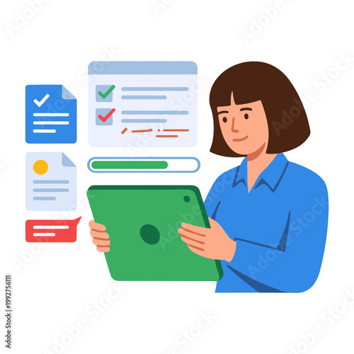A woman examines documents on a tablet with checklist and progress bar