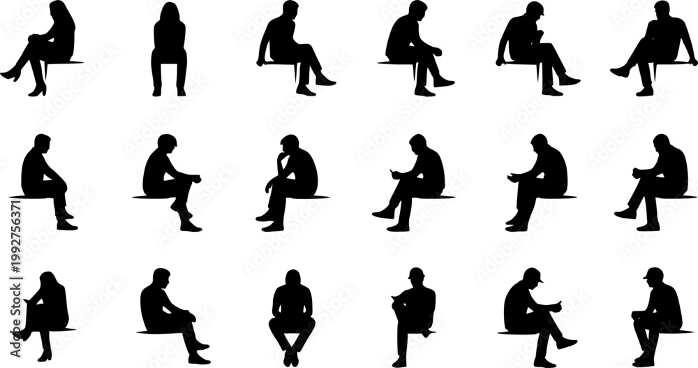 Obraz premium Vector illustration, Outline silhouettes of people, Contour drawing, people silhouette, Icon Set Isolated , Silhouette of sitting people, Architectural set 