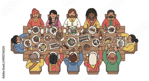 Diverse people eating, multicultural group sharing meal, food illustration, vector graphics