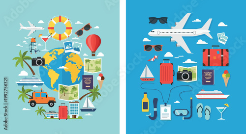 Flat Design Travel Icon Set with Globe Airplane Luggage Camera for Tourism Apps