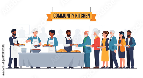 Community kitchen, people serving food, volunteer work, charity event, culinary team