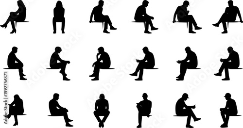 Vector illustration, Outline silhouettes of people, Contour drawing, people silhouette, Icon Set Isolated , Silhouette of sitting people, Architectural set 