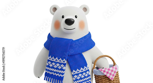 Cartoon Polar Bear with Scarf and Picnic Basket