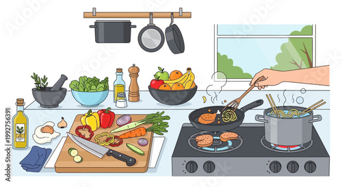 Kitchen cooking scene, culinary preparation, food ingredients, cooking utensils, vector illustration
