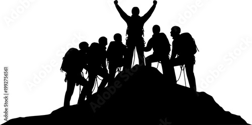 Silhouette of five climbers who climbed to the top of the mountain, working as a team. Conceptual business scene of teamwork and success
