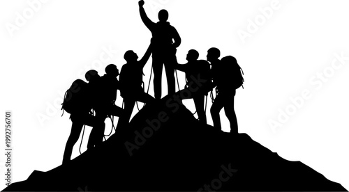 Silhouette of five climbers who climbed to the top of the mountain, working as a team. Conceptual business scene of teamwork and success
