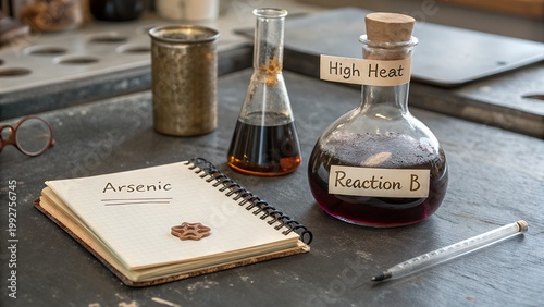 Antique chemistry set with bubbling liquids and notes