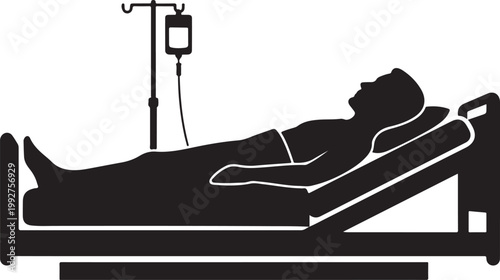A patient lies in a hospital bed receiving an iv drip black silhouette