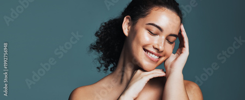 Bilde på lerret Skincare, beauty and happy woman with touch, wellness glow aesthetic and smooth texture for space