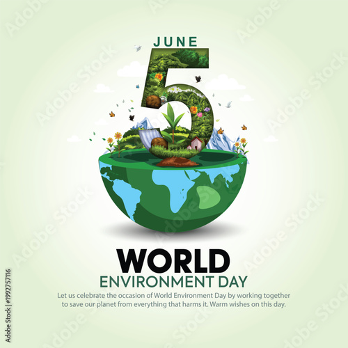 world environment day poster. green plant and 5 letter. abstract vector illustration design.