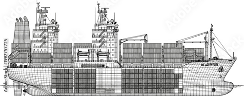 Detailed cargo container ship technical line drawing with stacked freight boxes and industrial maritime transport engineering illustration