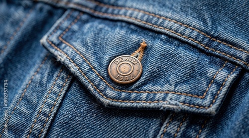 Denim jacket texture close up with pocket flap and metal button