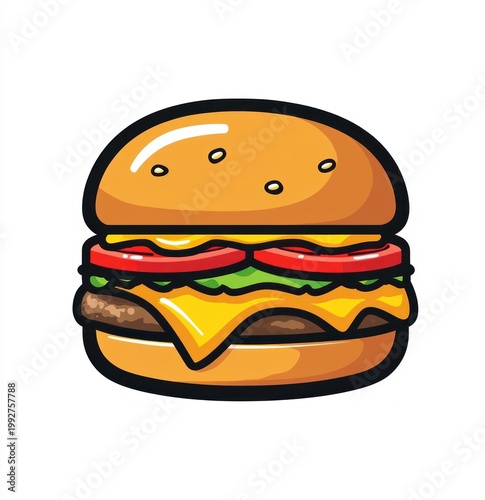 playful appetizing cheeseburger illustration with sesame bun, melted cheese, beef patty, tomato slices and lettuce