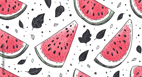 Playful hand-drawn watermelon slices with black leaves and scattered seeds on white background conveying a cheerful summery mood