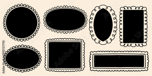 Hand drawn doodle frames and decorative borders set. Vector design elements. Collection of scalloped frames and labels
