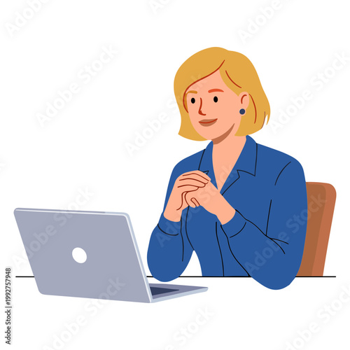 A woman sits at a desk working on her laptop with a thoughtful expression.