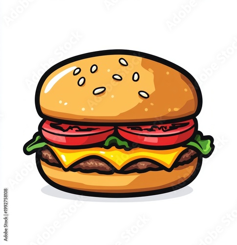 cartoon cheeseburger with sesame seed bun, juicy beef patty, melted cheese, lettuce and tomato slices, playful and appetizing
