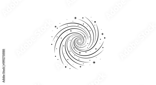 Abstract Swirling Spiral Vortex with Dynamic Speed Lines and Stars, Black and White Cosmic Energy Twirl Graphic Element
