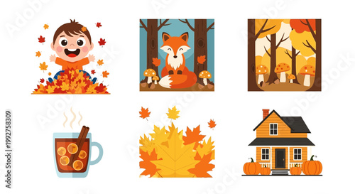 Flat design vector illustration of autumn season happy child enjoying warm drink near cozy house with vibrant fall foliage and bright sunlight