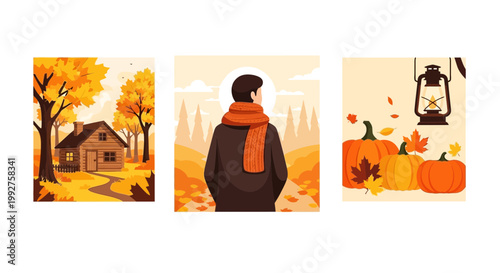 Flat design vector illustration of autumn season outdoor scene with cozy house and vibrant fall foliage under warm sunlight for lifestyle design