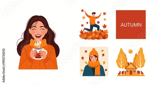 Flat design vector illustration of autumn season lifestyle enjoying warm drink outdoors with vibrant fall foliage and cozy mood