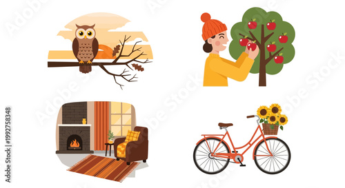 Flat design vector illustration of cute owl and apple tree with bicycle in cozy home setting showing healthy lifestyle concept