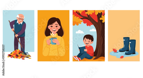Flat design vector illustration of happy family enjoying autumn season outdoors with warm sunlight and cozy lifestyle moments