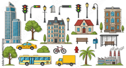 Collection of City Elements and Buildings Illustration.