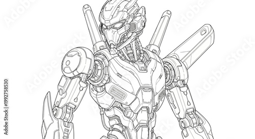 Detailed Futuristic Robot Line Art Illustration. Advanced Sci-Fi Mechanical Android Design Concept Drawing.