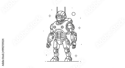 Sci-fi robot character vector illustration, standing humanoid machine, futuristic technology concept, black and white outline art