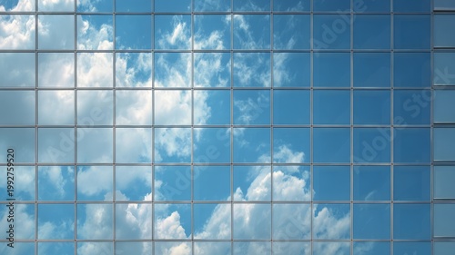 Glass panels reflecting sky repeating pattern