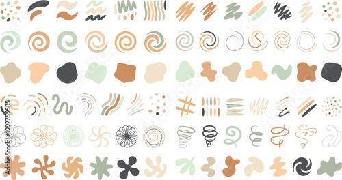 Collection of various abstract shapes and lines in earthy tones on white background