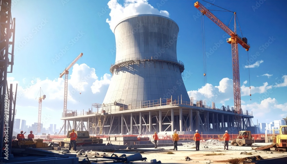 Obraz premium Construction of a massive nuclear power plant cooling tower with cranes and workers.