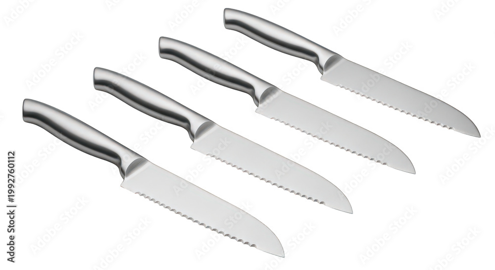 Obraz premium Four stainless steel chef's knives with black handles isolated on transparent background
