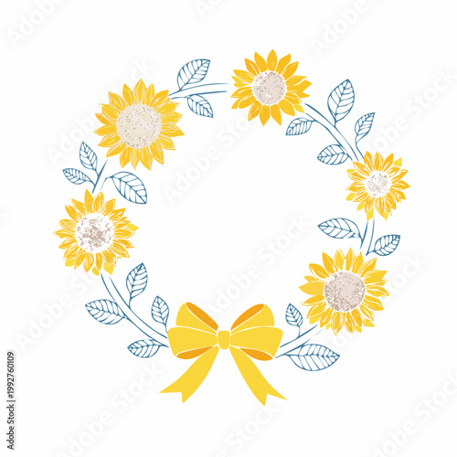 向日葵夏花円形フレームかわいい黄色リボン線画植物枠素材