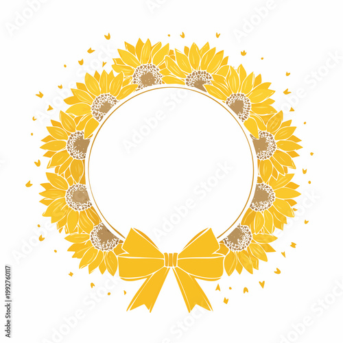 向日葵夏花円形フレームかわいい黄色リボン線画植物枠素材