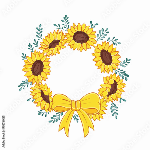 向日葵夏花円形フレームかわいい黄色リボン線画植物枠素材