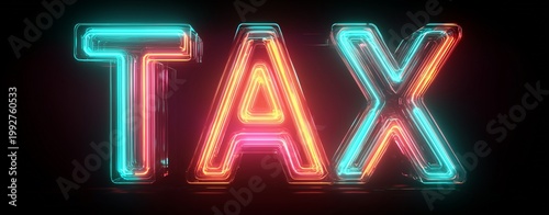 Neon Tax Declaration: The word TAX shines vibrantly with neon lights, symbolizing financial obligations and declaration. A striking visual representation for economic concepts and financial matters.