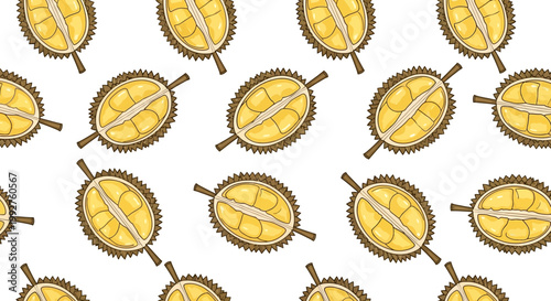 Delicious Durian Fruit Halves Patterned on White Background.