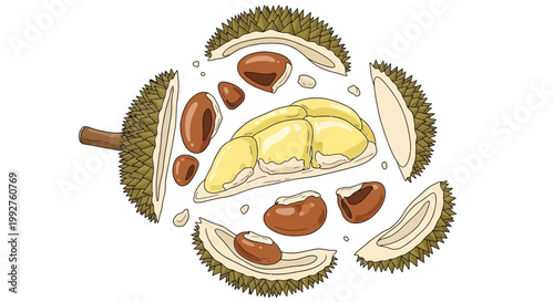 Durian fruit exploded view showing creamy yellow flesh and seeds.