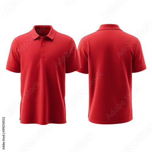A red short sleeved polo shirt displayed front and back isolated on transparent background