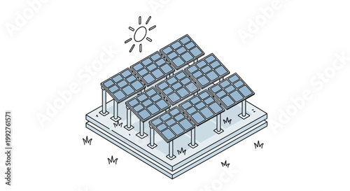 Solar Panel Array Generating Clean Energy Under Sunlight Isometric Sketch.