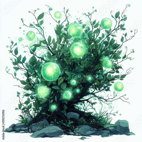 Twisted ancient tree with glowing green orbs nestled among stones, dense leafy branches and winding roots, emanating a serene magical wonder