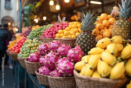 Vibrant market stall overflowing with colorful tropical fruits in wicker baskets, including dragon fruit, bananas, pineapples, oranges and grapes, with warm lights and an inviting atmosphere